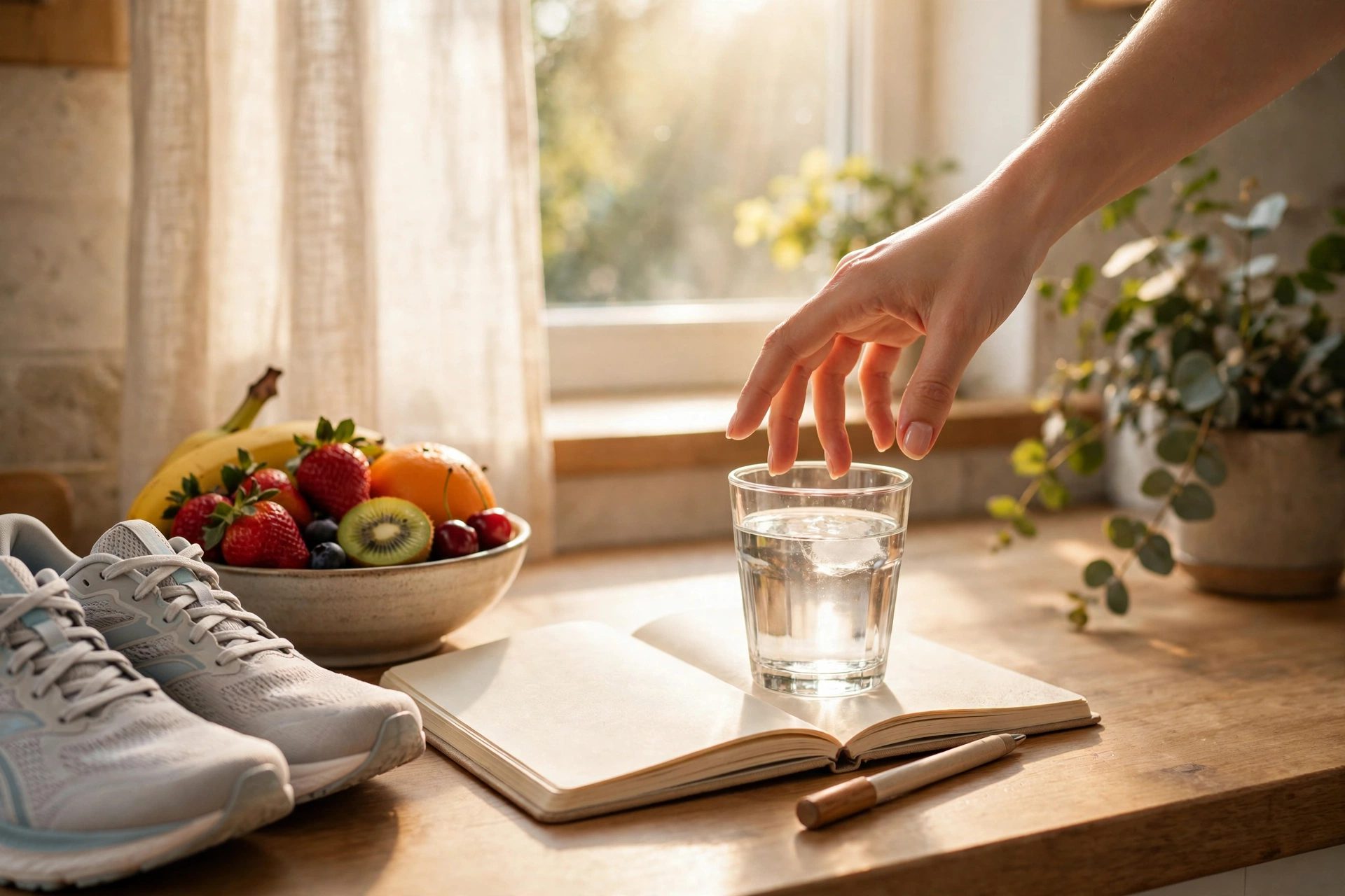 Healthy morning routine with water and fresh fruit — illustrative image